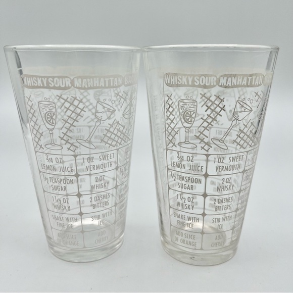 Vintage Federal Glass Cocktail Recipe Mixer Pint Glasses Barware 1960s Set of 2 - Picture 3 of 9